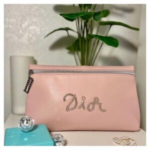 Authentic Dior Pink Crystal-Embellished Pouch with Silver Zipper